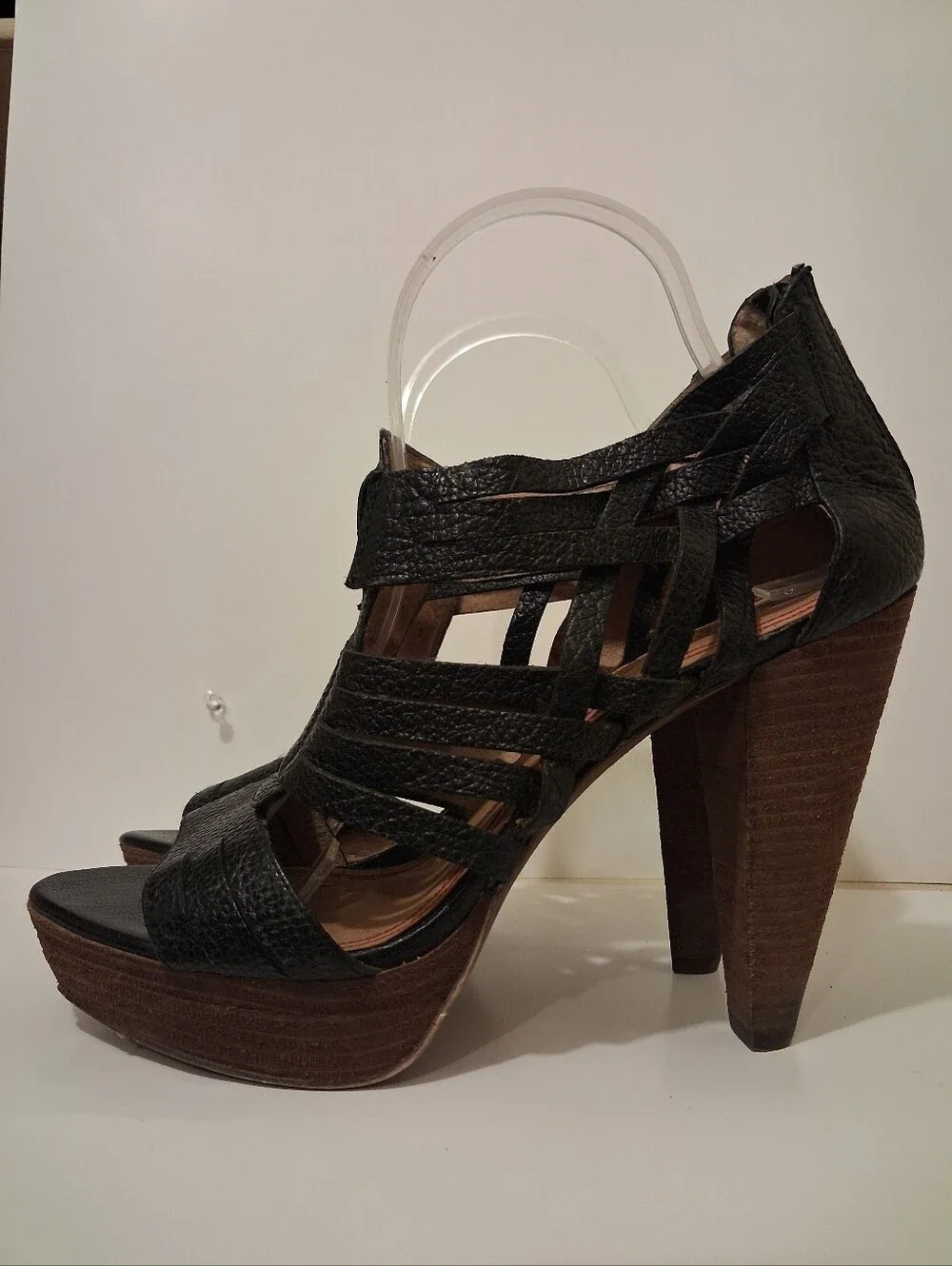 Miss Sixty Black Leather Cage Strappy Wood Platform Heels Sz 41
